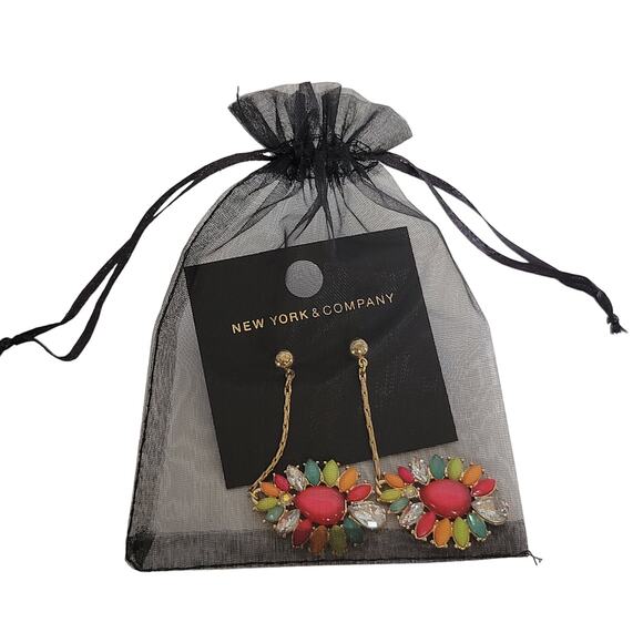 Gold Tone Drop Earrings Multicolor Resin Stones 2.75" Long Rhinestone, Gift Bag - Picture 13 of 13